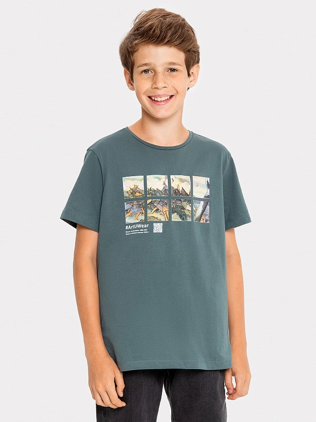 

Футболка для мальчиков (верхняя), Серо -зеленый +печать, 22/25346П-0