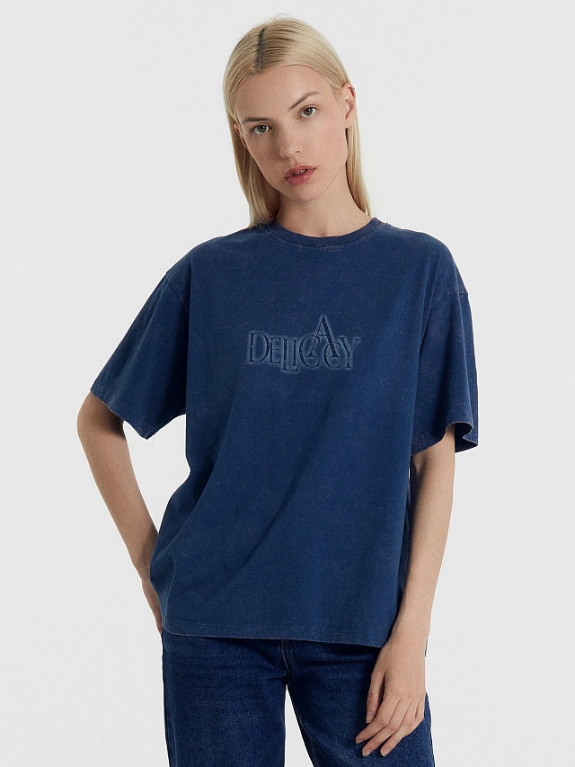 

Футболка женская синяя с печатью, Серо -синий +печать, 24-ОБР26304П-0