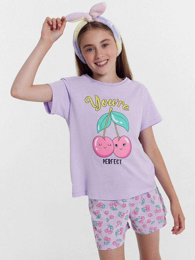 

Комплект для девочек (футболка, шорты) светло-лилиловый с вишенками, Св.лиловый +вишенки на лиловом, 24-26528ПП-0