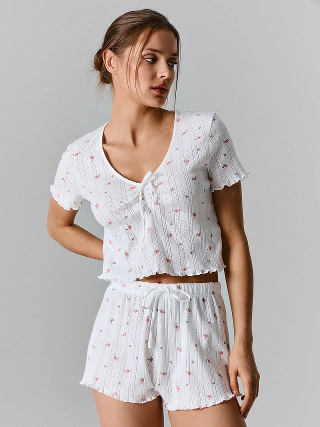 Комплект домашний женский белый с цветочным принтом - 2