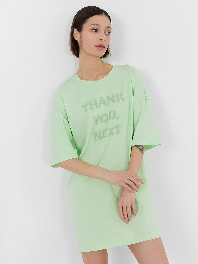 

Туника домашняя женская салатовая с принтом "thank you, next", Свежая мята +печать, 24-30428ПП-5
