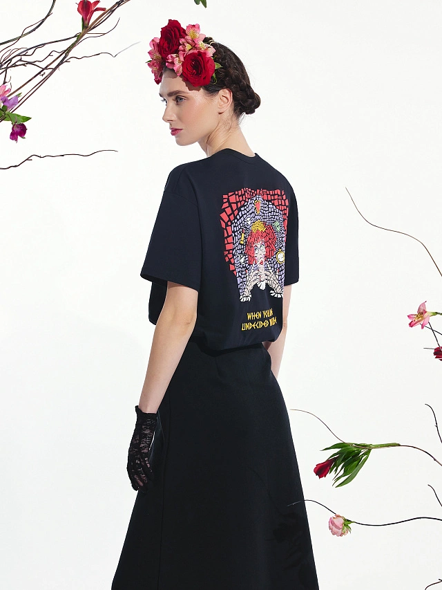 

Футболка женская черная с принтом, Черный +печать, 24-31178П-0