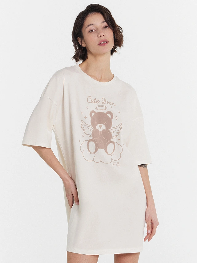 

Туника домашняя женская кремовая с принтом "cute bear", Молочный +печать, 24-30471ПП-5