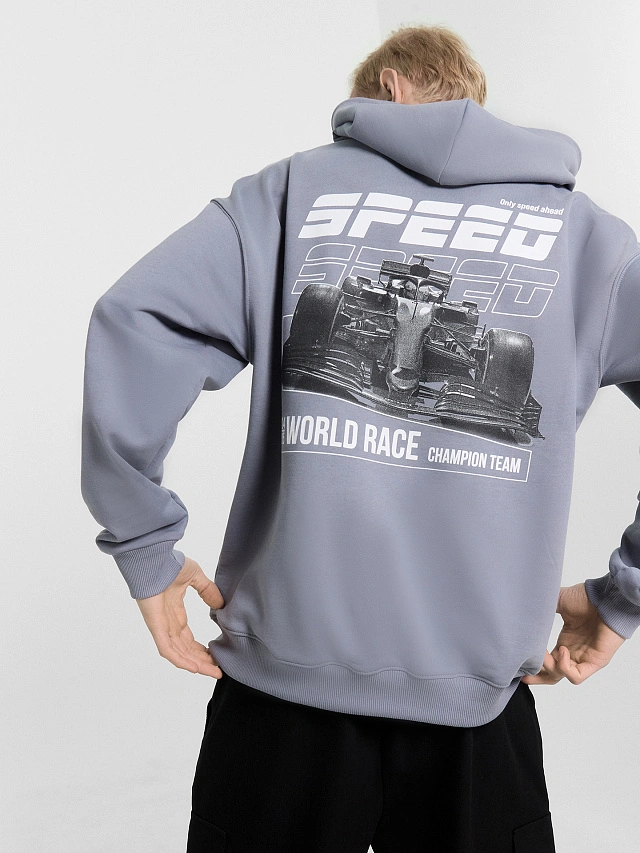 

Худи мужское серое с принтом и надписью "world race", Сизый +печать, 24-4405П-7(3)
