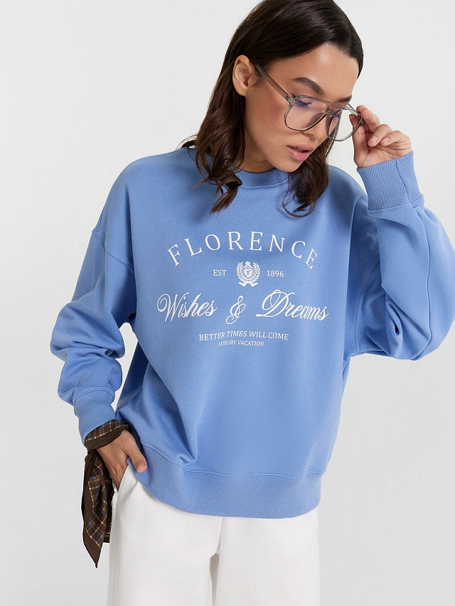 

Свитшот женский синий с надписью florence, Св.синий +печать, 24-33672П-7