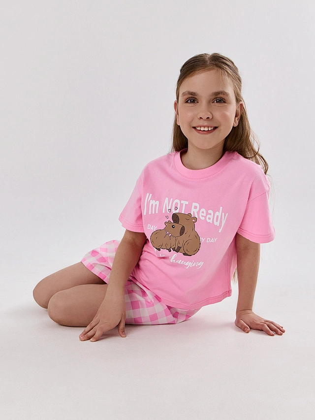 Комплект домашний для девочек розовый с принтом и надписью "i'm not ready"