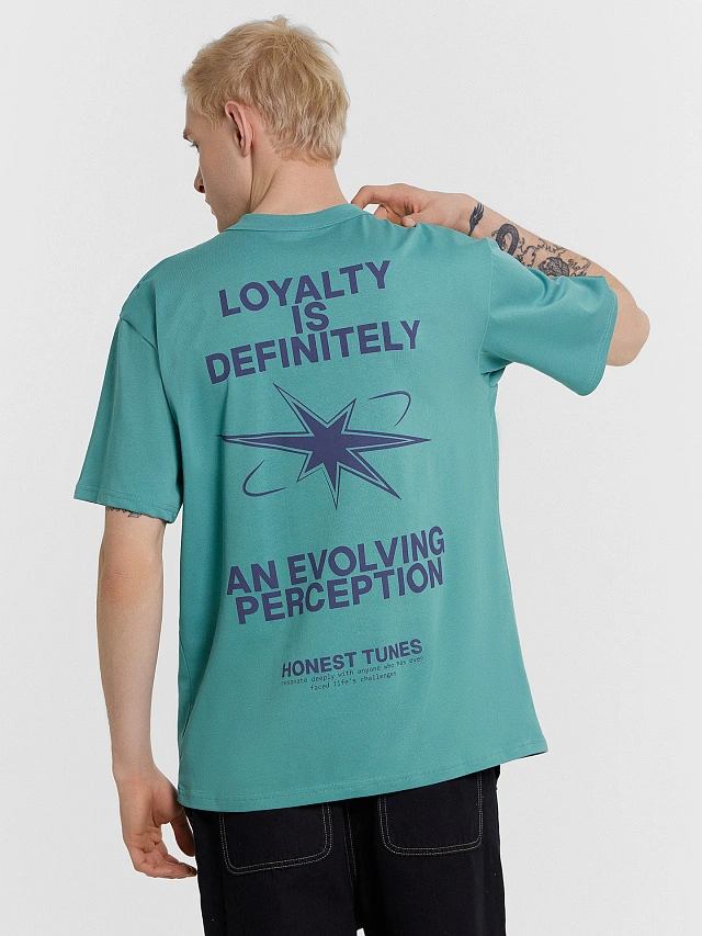 

Футболка мужская бирюзовая с надписью "loyalty is definitely ", Бирюзовый +печать2, 24-4437П-0