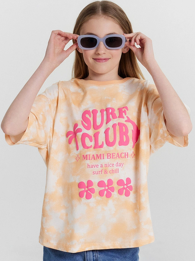 

Футболка для девочек с принтом и надписью "surf club", Пятна на персике, 24-31434ПП-0
