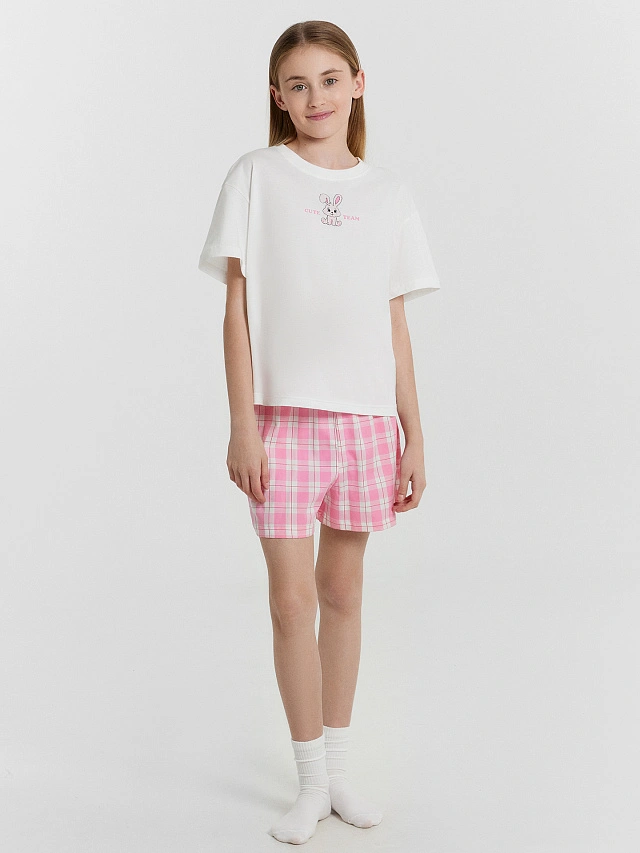 

Комплект домашний для девочек, Белый +клетка на розовом саше, 25-37439ПП-14