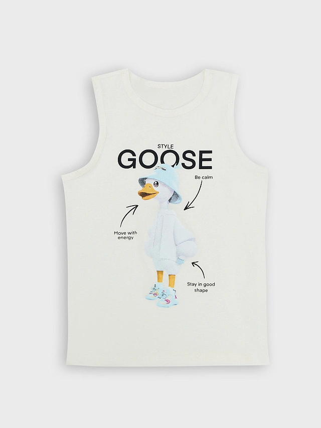 

Майка для мальчиков кремовая с принтом и надписью "goose style", Св.молочный +печать, 24-27653П-0