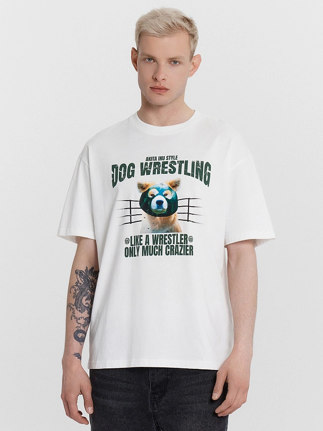 

Футболка мужская белая с принтом "dog wrestling", Белый +печать, 24-4387П-0