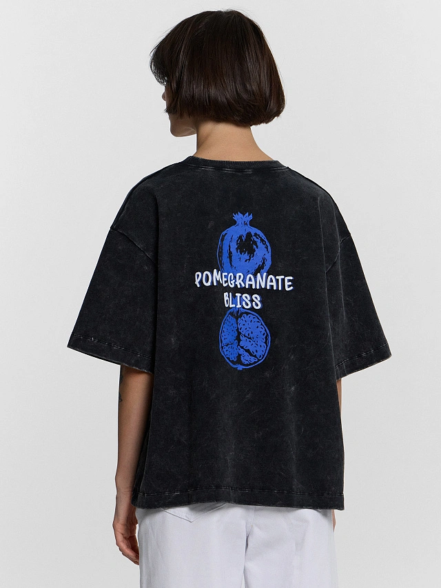 

Футболка женская черная с принтом и надписью "pomegranate bliss", Черный +печать3, 24-ОБР33244П-0-2