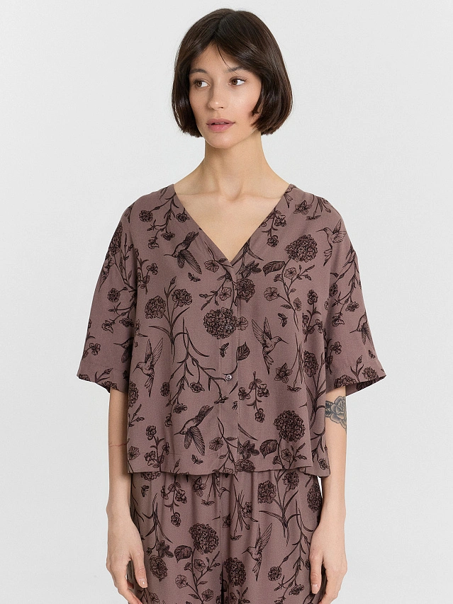 Комплект домашний женский коричневый с цветочным принтом - 3