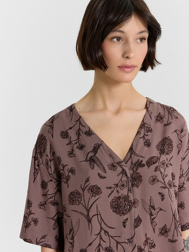 Комплект домашний женский коричневый с цветочным принтом - 6