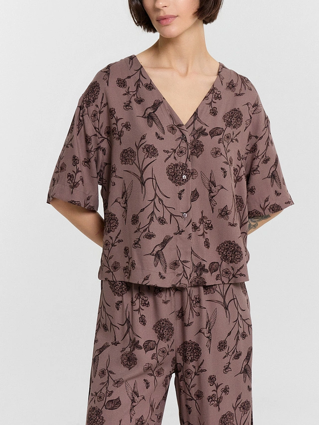 Комплект домашний женский коричневый с цветочным принтом - 8