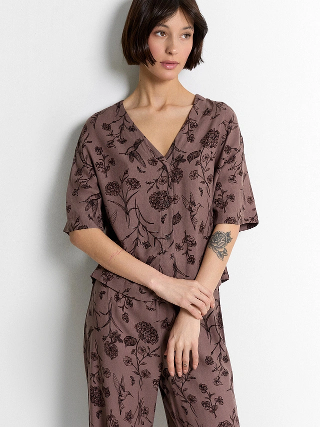 Комплект домашний женский коричневый с цветочным принтом - 9