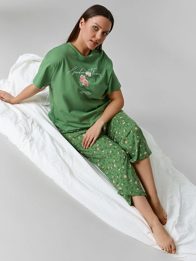 

Комплект женский зеленый с цветочным принтом, Зеленый сок +розы на зеленом, 24-32237ПП-5