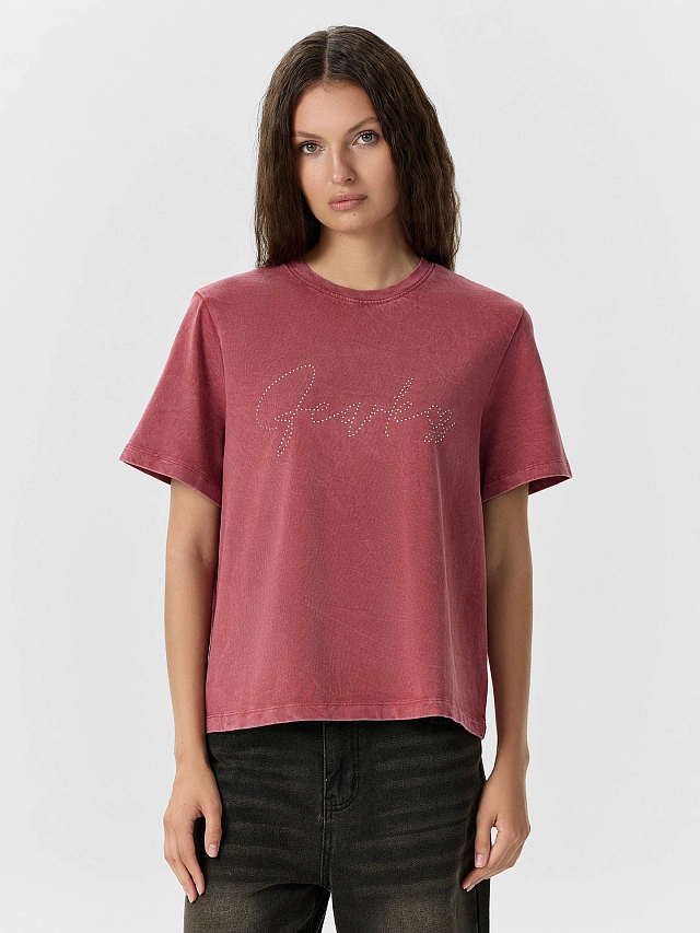 

Футболка женская терракотовая, Терракотовый acid wash +печать, 24-ОБР33347Ц-0-3