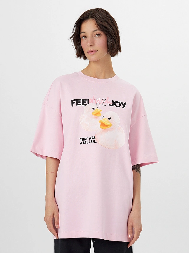 

Футболка женская розовая с принтом и надписью "feel the joy", Розовое сияние +печать, 25-38546П-0