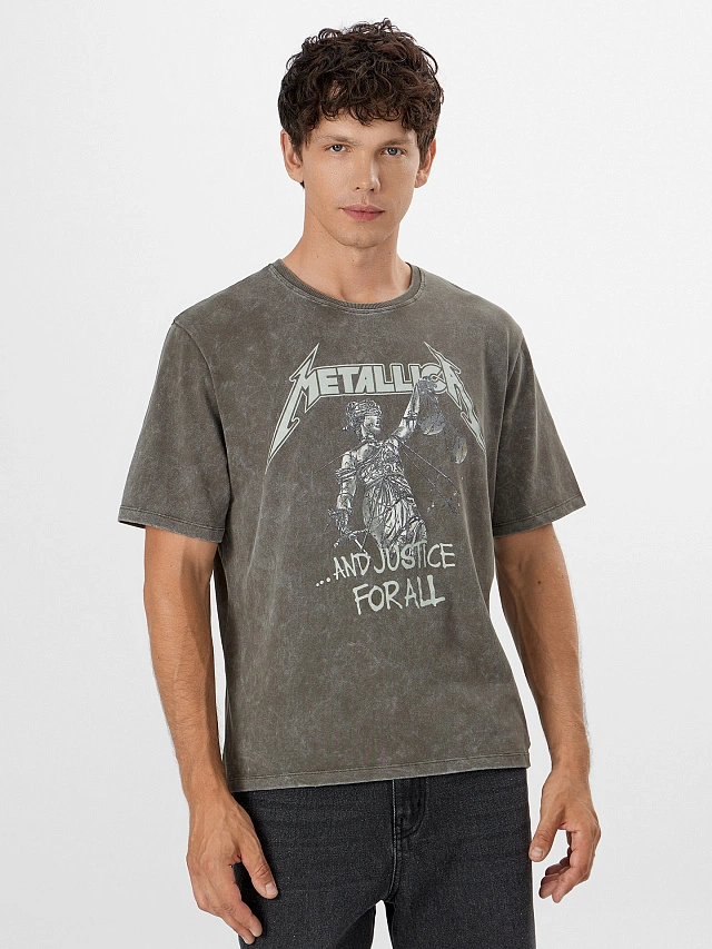

Футболка мужская хаки с принтом "metallica", Acid wash т.оливковый +печать, 25-ОБР5343П-0