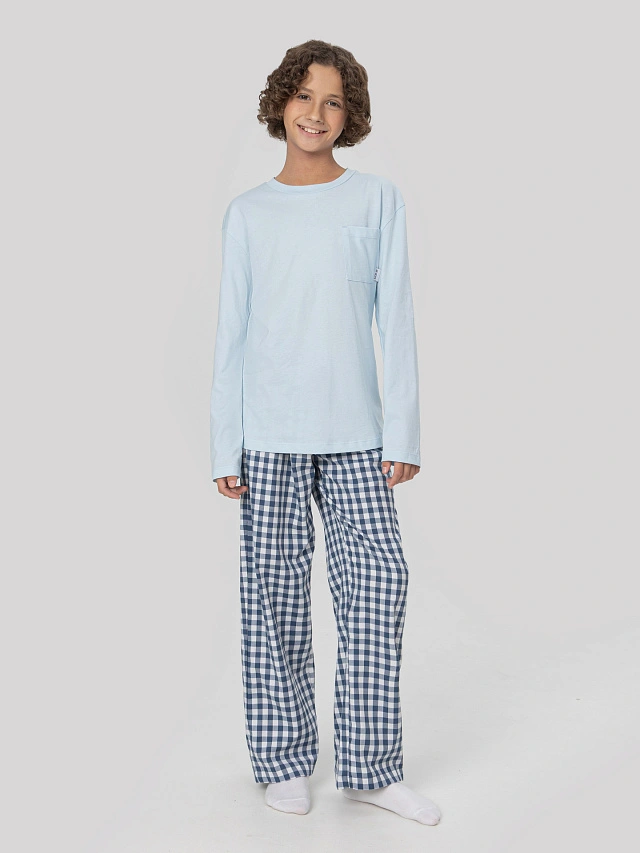 

Комплект домашний для мальчиков: лонгслив и брюки, Голубое небо +синяя клетка, 25-35678ПП-14
