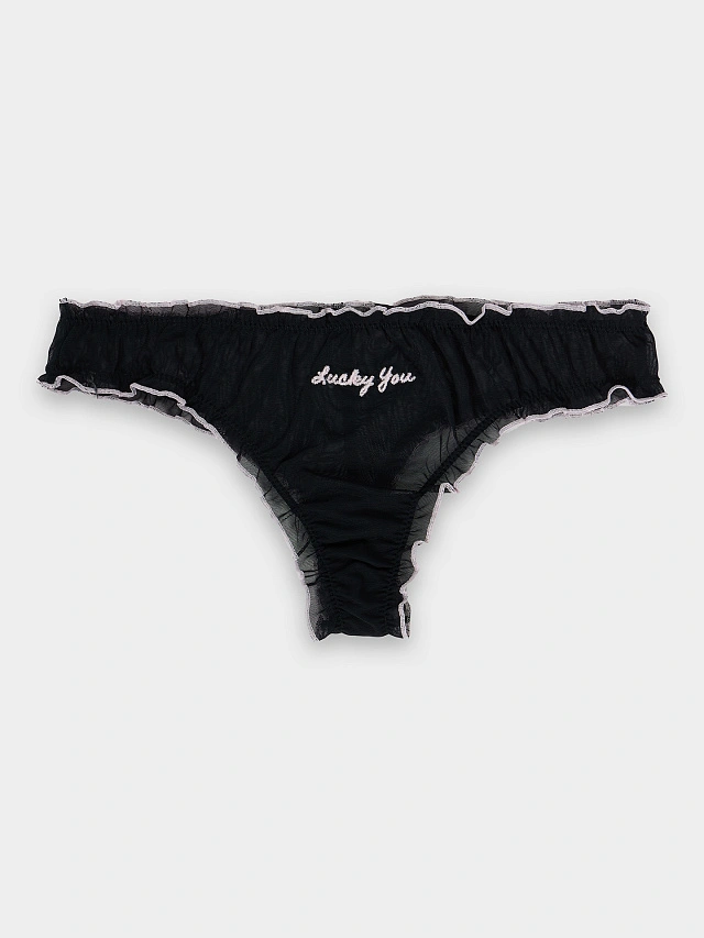 Трусы бразилиана черные из сеточки с надписью "Lucky you" - 9