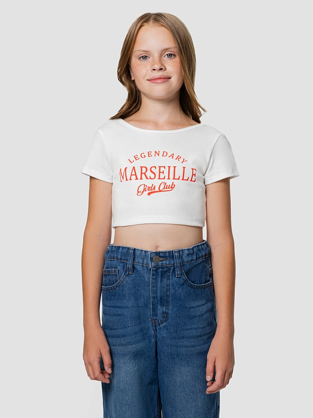 

Топ для девочек укороченный белый с надписью "marseille", Белый +печать, 25-38569П-1