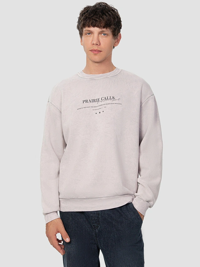 

Свитшот мужской серый с надписью "prairie calls", Acid wash серый +печать, 24-ОБР4796П-7П