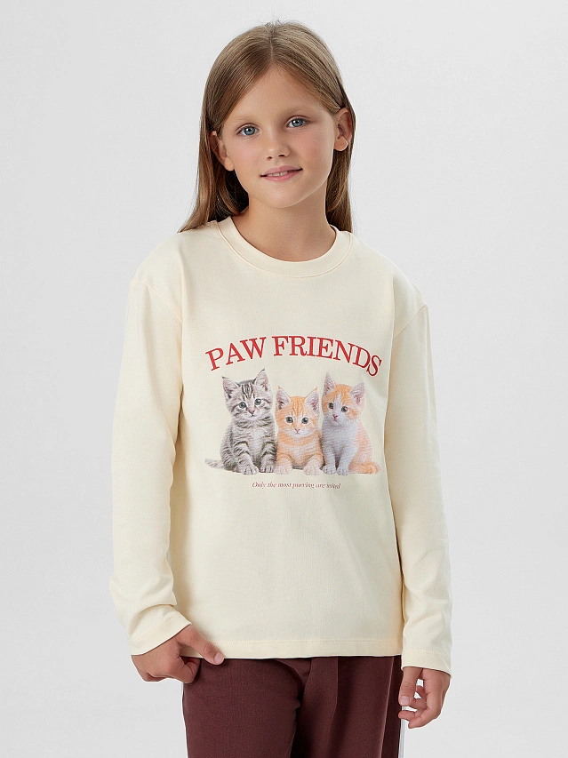 

Лонгслив для девочек кремовый с принтом и надписью "paw friends", Топленое молоко +печать, 25-38663П-0