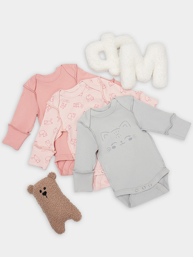 

Боди детское в наборе, 3 шт, Котики на розовом +розово -корич. +серый, 25-38760П-2