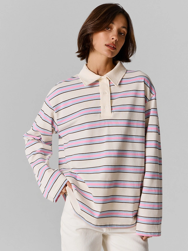 

Поло женское в розовую полоску, Розовая полоска на молочном, 24-33143П-11