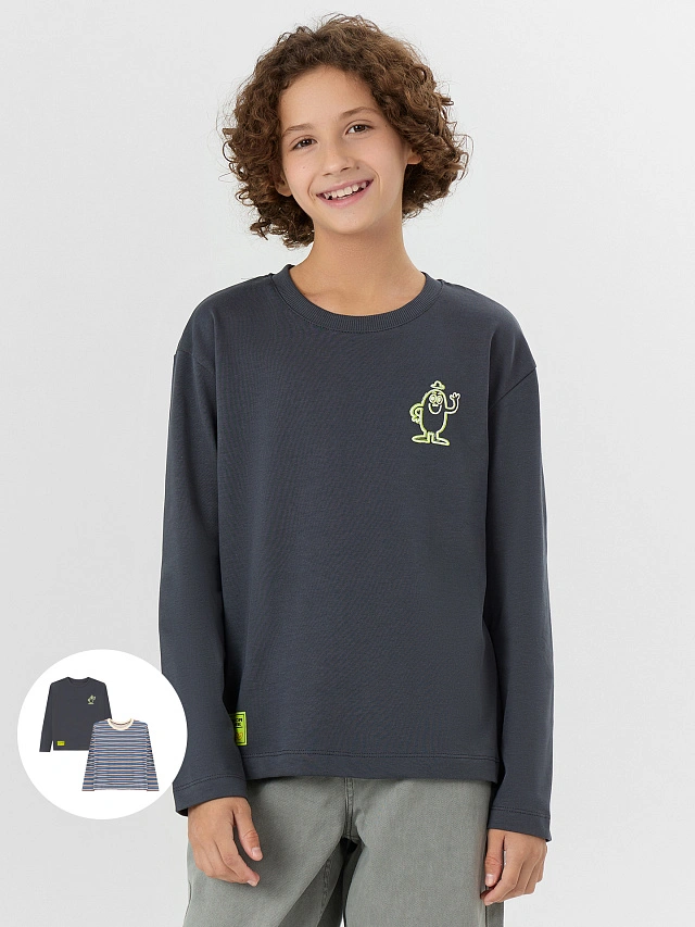 

Лонгслив для мальчиков в наборе, 2 шт, Графит +молочно -шалфейная полоска, 25-36746П-0