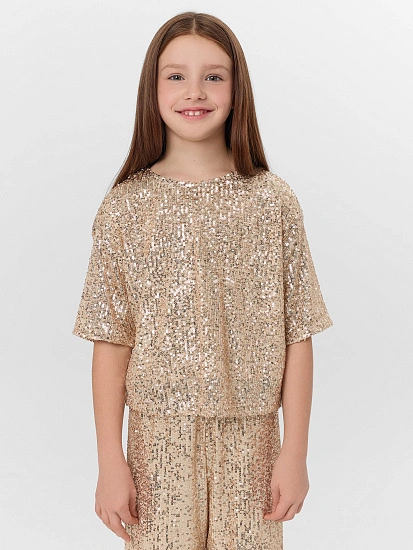картинка Блузка для девочек бежевая с пайетками  от известного бренда одежды для девочек Mark Formelle