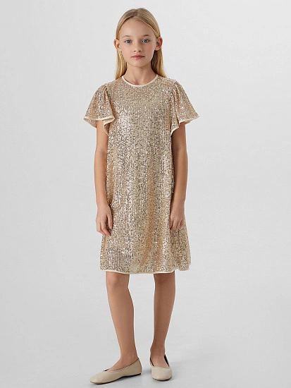 картинка Нарядное платье для девочек с золотистыми пайетками от известного бренда одежды для девочек Mark Formelle