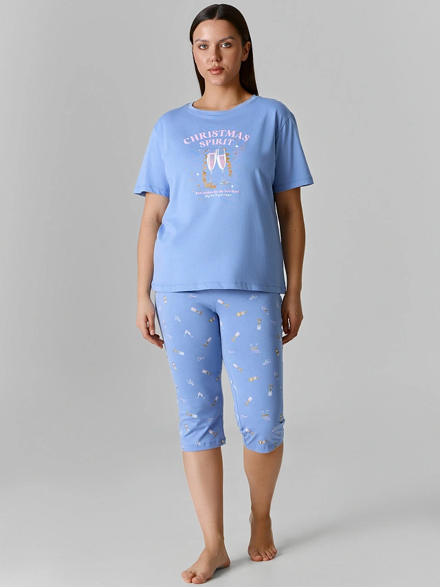 Комплект домашний женский синий новогодний