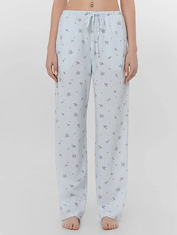 Брюки домашние женские голубые с цветочным принтом