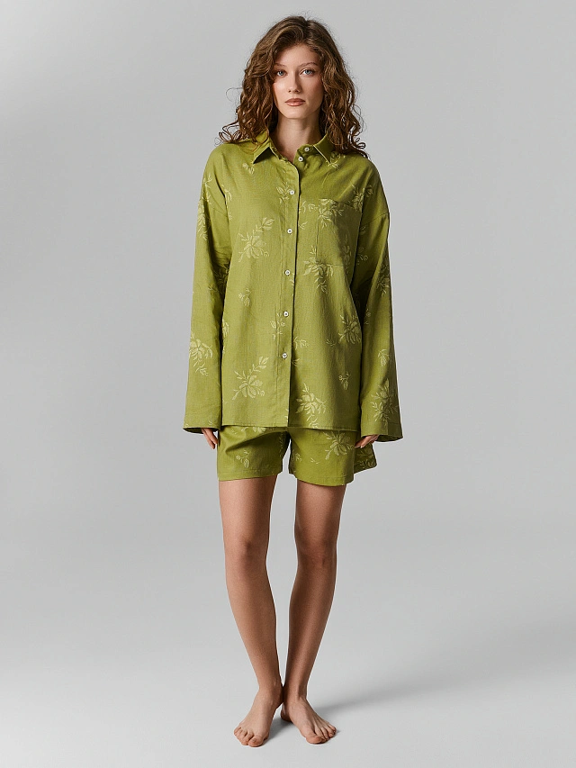 

Шорты домашние женские льняные, Цветы на оливковом, 25-38273ПП-9