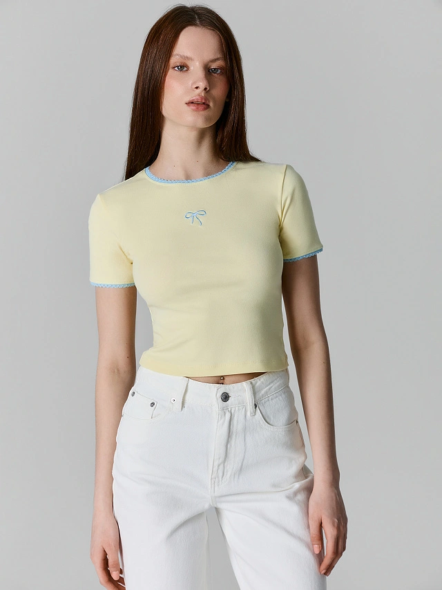 Футболка женская желтая укороченная - 3