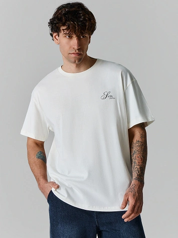 Футболка мужская бежевая с принтом на спине из 100% хлопка