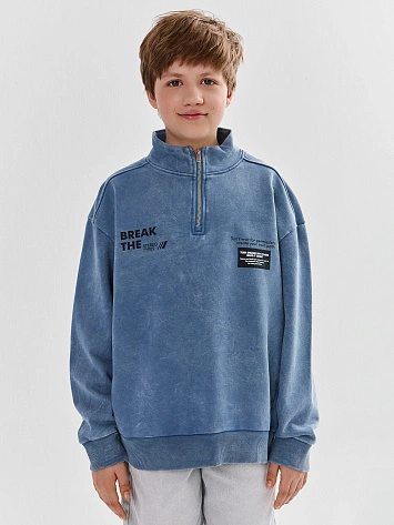 Толстовка для мальчиков синяя с надписью и полузамком