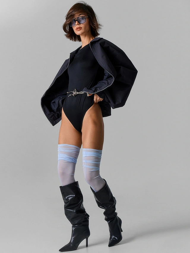 Чулки женские голубые без резинки с имитацией шва