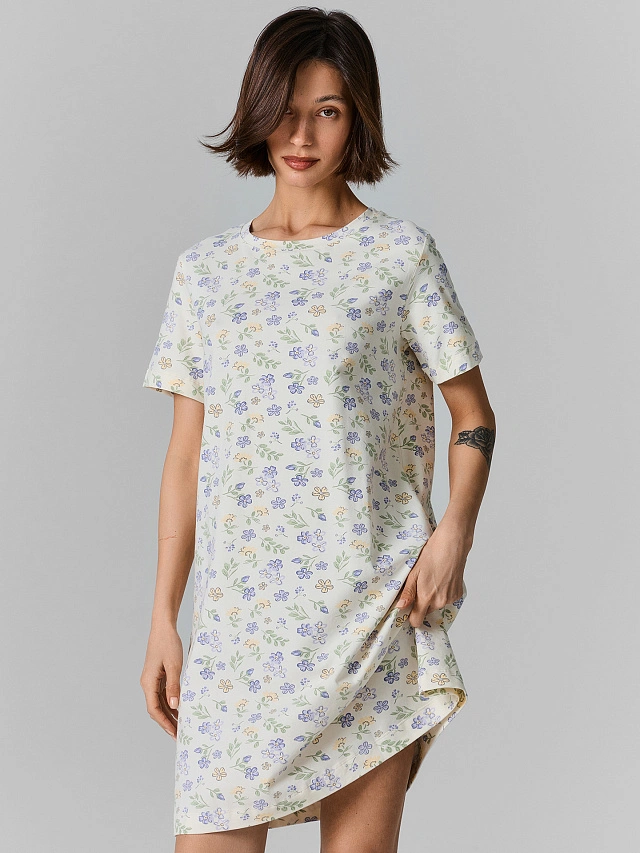 Сорочка домашняя женская бежевая с цветочным принтом оверсайз