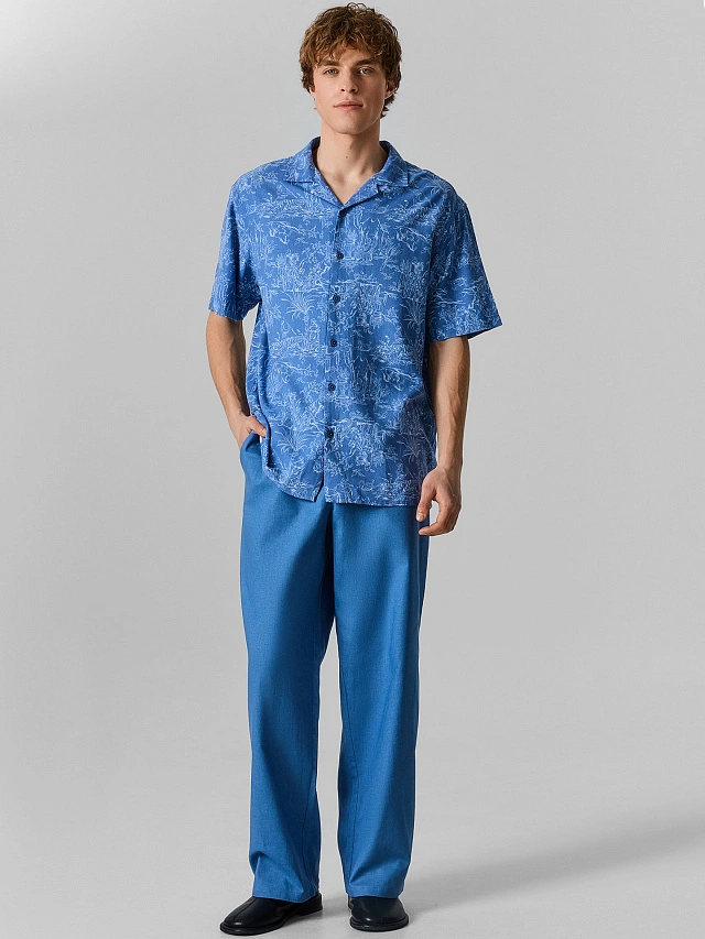 Брюки мужские синие с эластичным поясом льняные