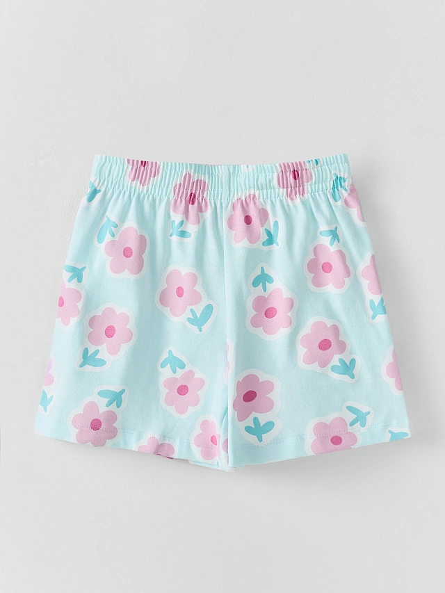 Комплект для девочек голубой с цветочным принтом из хлопка - 8