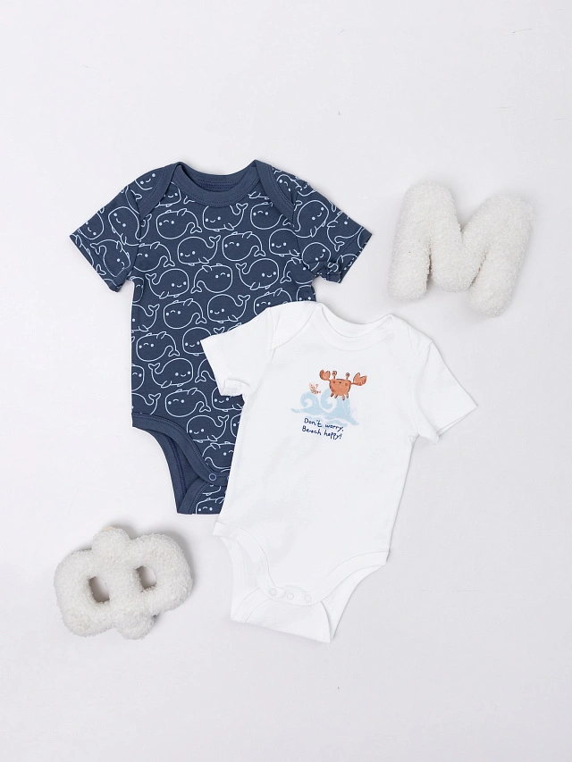 

Боди детское (2шт.), Белый +киты на синем, 25-38735П-2