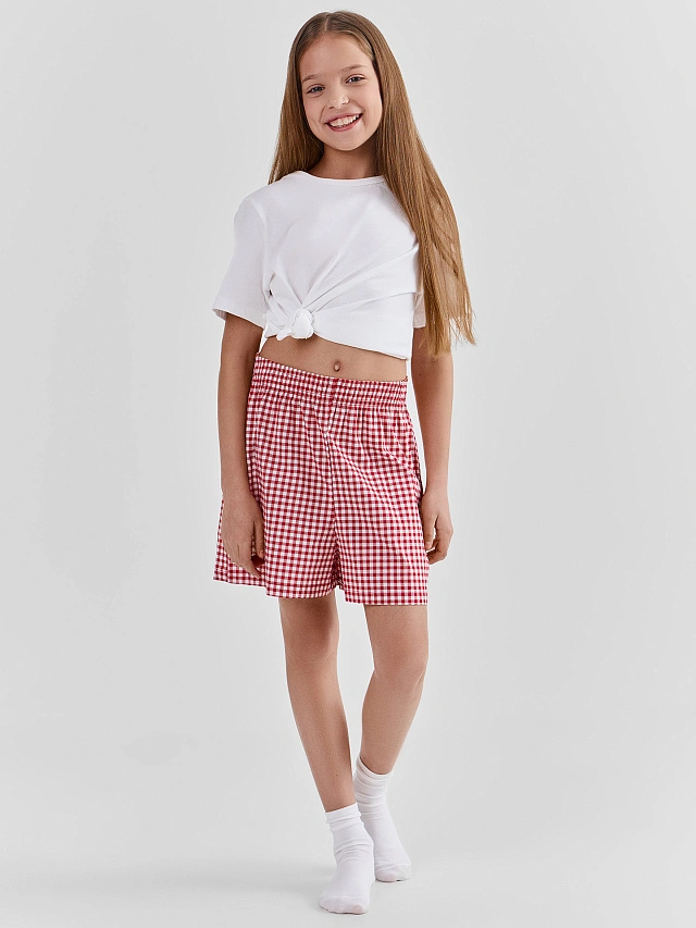 Шорты домашние для девочек красные в клетку с широким поясом