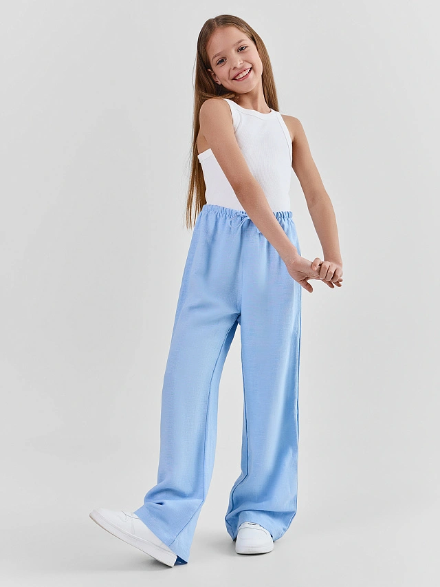 Брюки для девочек голубые прямого кроя льняные