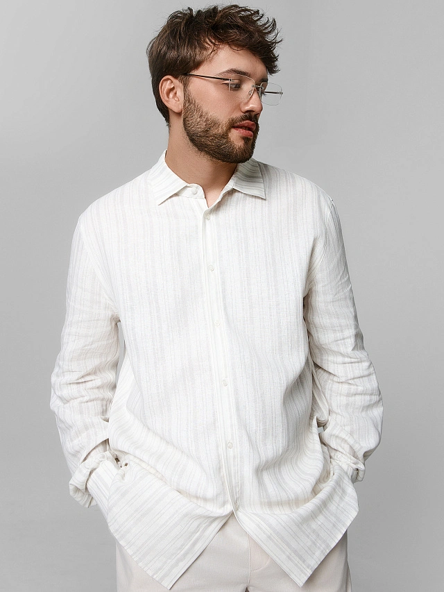 Рубашка мужская молочная в полоску льняная