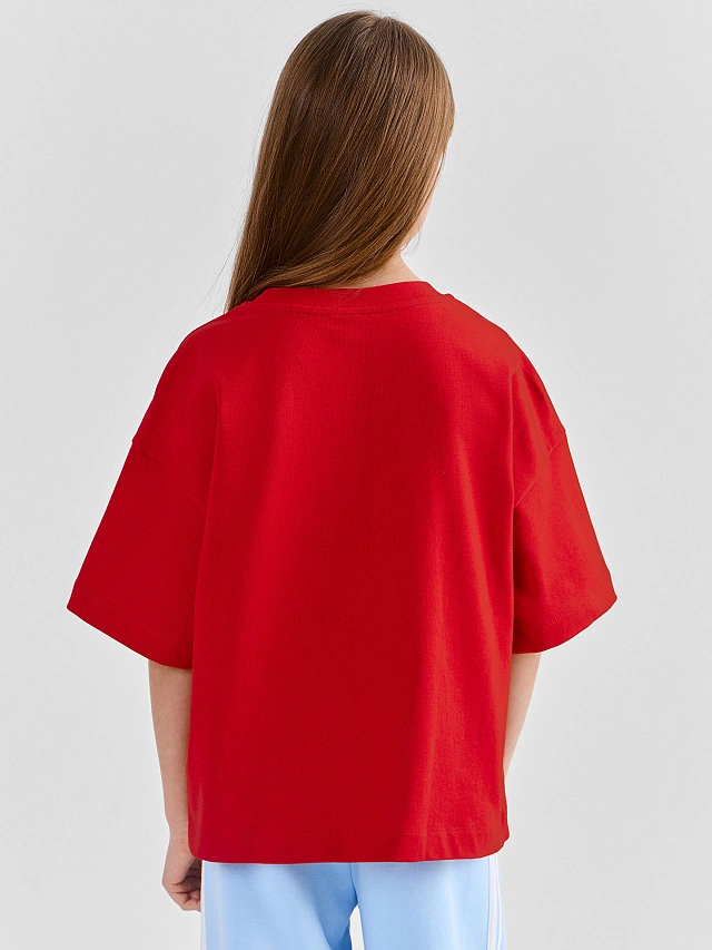 Футболка для девочек красная с надписью из хлопка - 3
