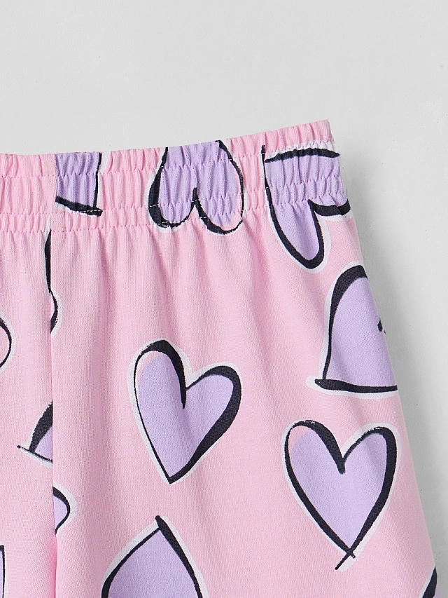 Комплект для девочек розовый с принтом в сердечко из хлопка - 9